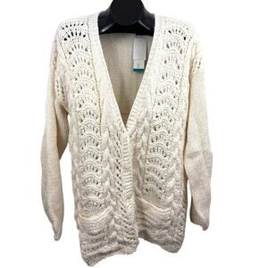 Vintage Yarn Works Cream Knit Cardigan – Loose Knit, Pockets, Women’s Size LARGE